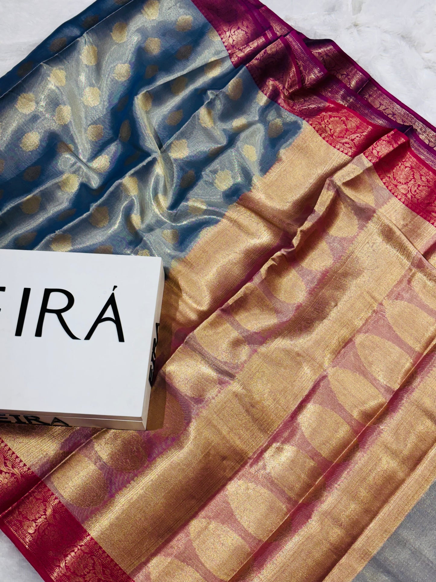 Royal Blue & Antique Gold Soft Tissue Banarasi Silk Saree with Zari Border