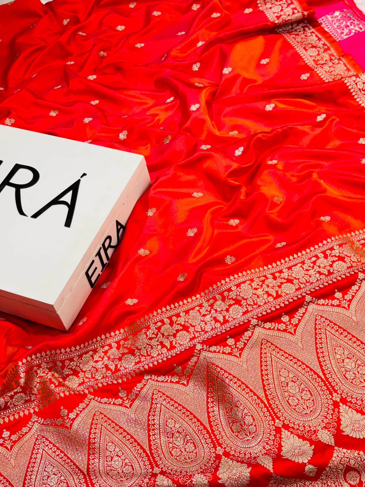 Rust Orange Banarasi Mushroom Silk Saree | Floral Zari & Paisley Border