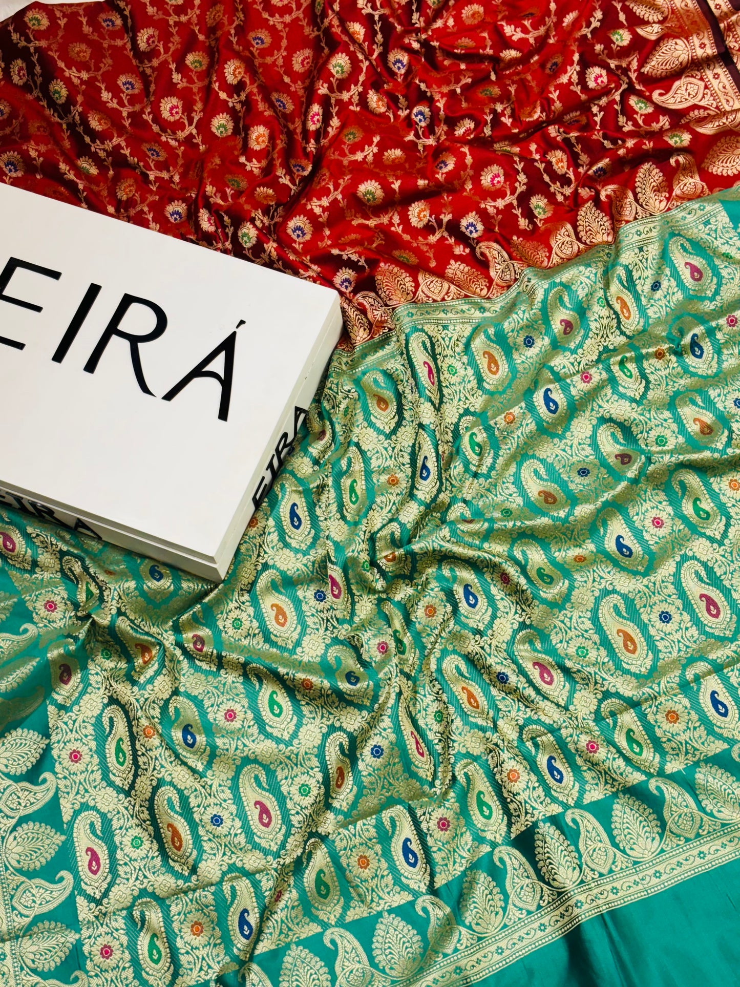 Rangrez Turquoise & Red Banarasi Softy Silk Saree | Contrast Aanchal & Multicolour Weaving