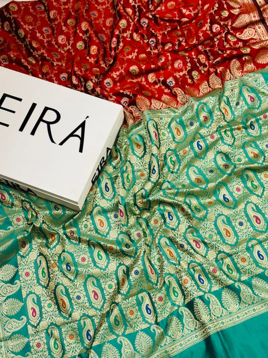 Rangrez Turquoise & Red Banarasi Softy Silk Saree | Contrast Aanchal & Multicolour Weaving