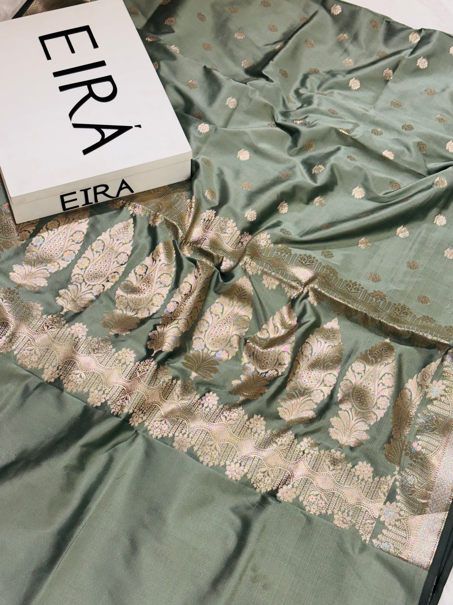 Gulmohar Sage Green Banarasi Silk Saree with Zari Buti & Floral Paisley Border