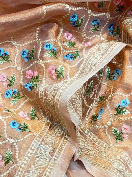 Luxurious Pure Tissue Saree with Embroidery Work ￼