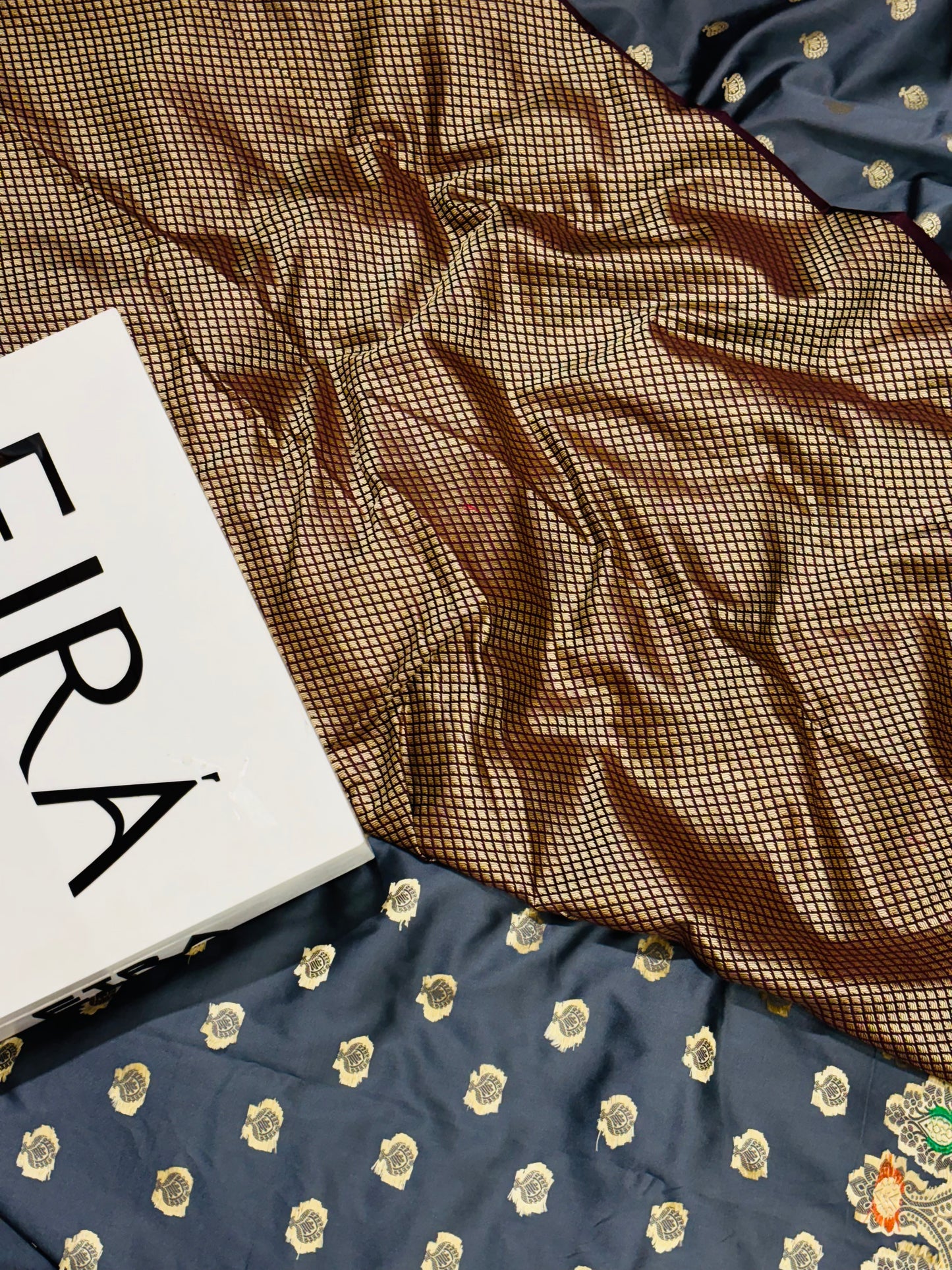 Banarasi Soft Silk Grey Saree with Mehroon Aanchal & Meena Zari Work