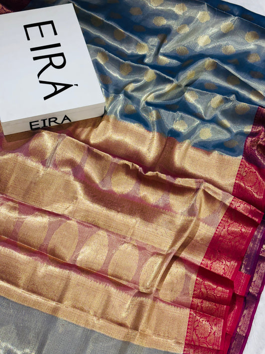 Royal Blue & Antique Gold Soft Tissue Banarasi Silk Saree with Zari Border
