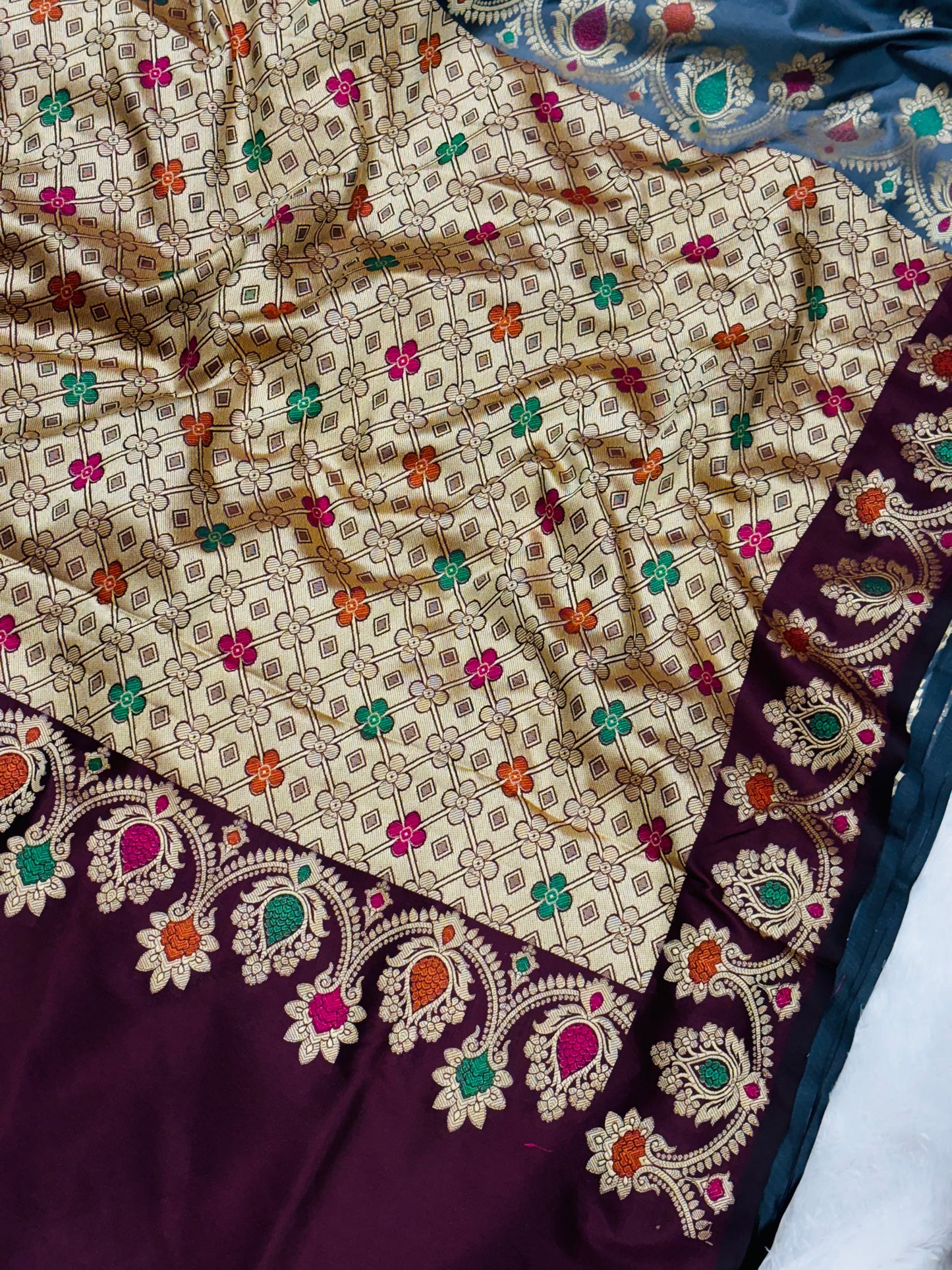 Banarasi Soft Silk Grey Saree with Mehroon Aanchal & Meena Zari Work