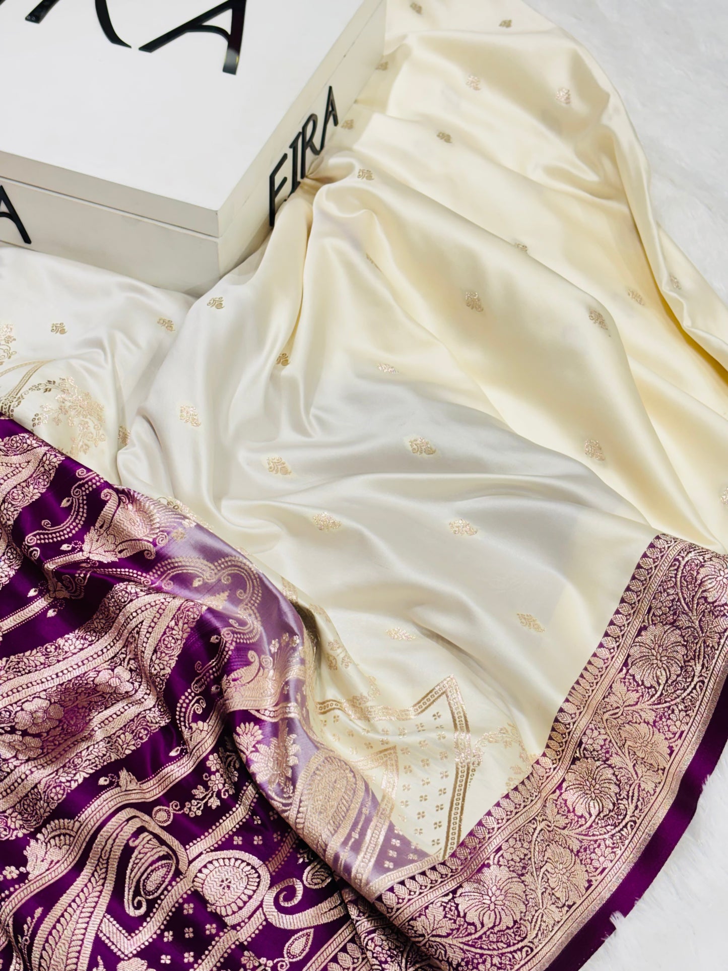Sitara Off-White & Purple ￼ Banarasi Mushroom Silk Saree | Contrast Border ER -12