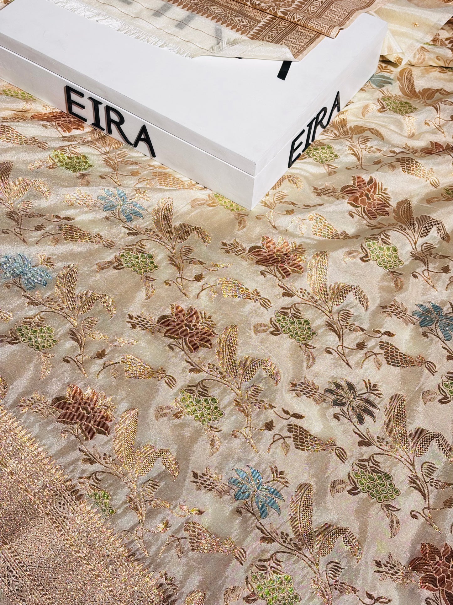 Ivory Blossom Semi Banarasi Chiffon Saree
