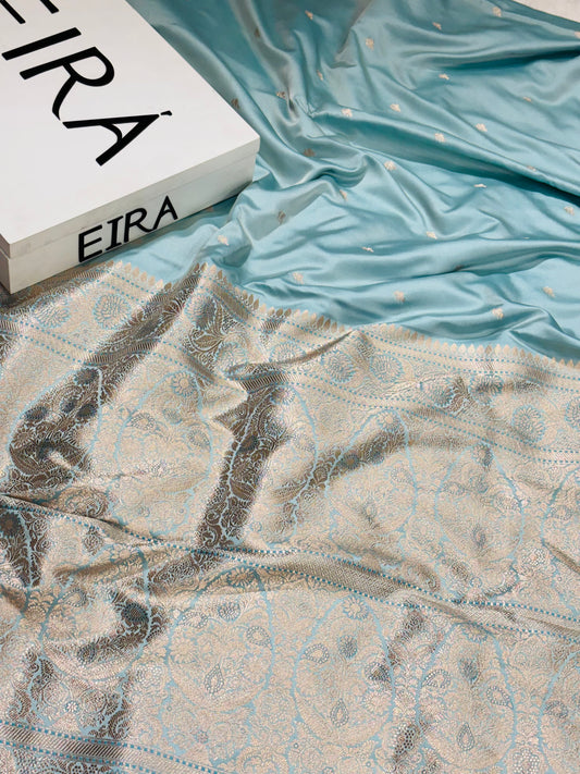 EIRA Celestial Aqua Banarasi Mushroom Silk Saree | Aqua Blue Banarasi Saree with Zari Work ER-0001