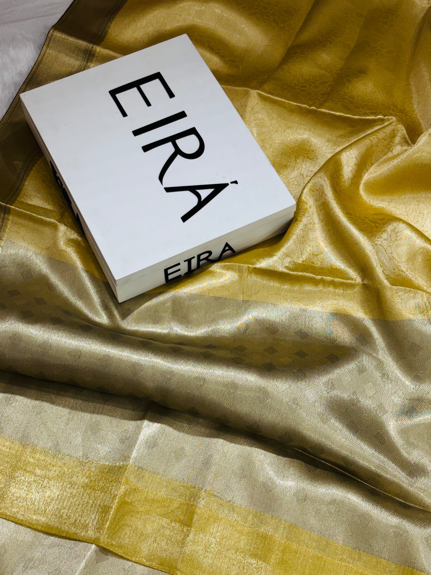 Antique Gold Soft Tissue Banarasi Silk Saree with Red Aanchal & Zari Border