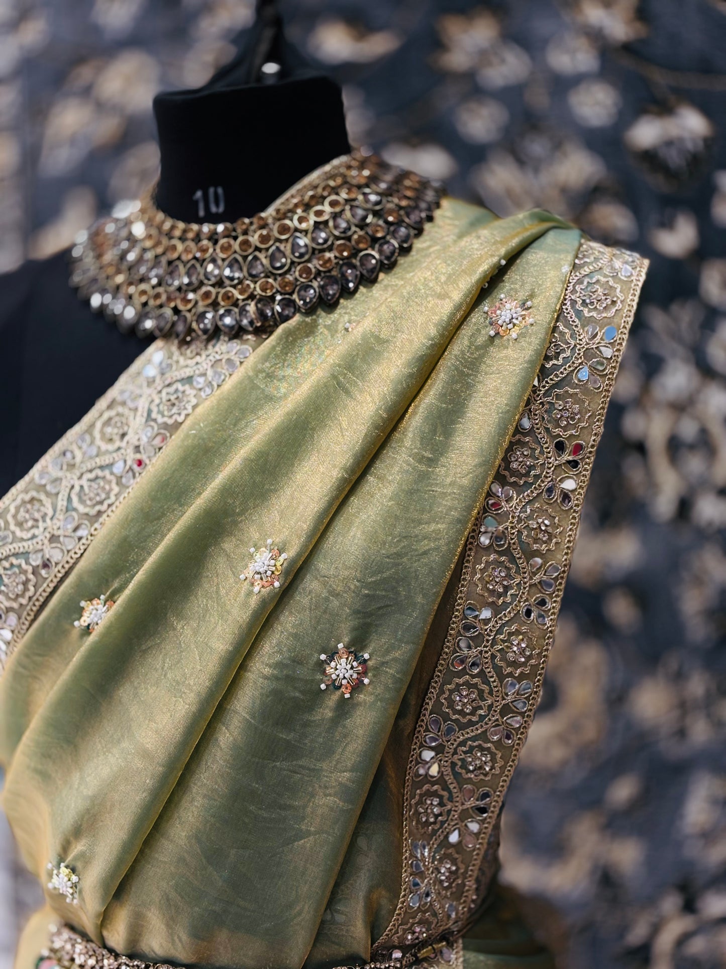 Zarmina – Golden Olive Soft Tissue Saree