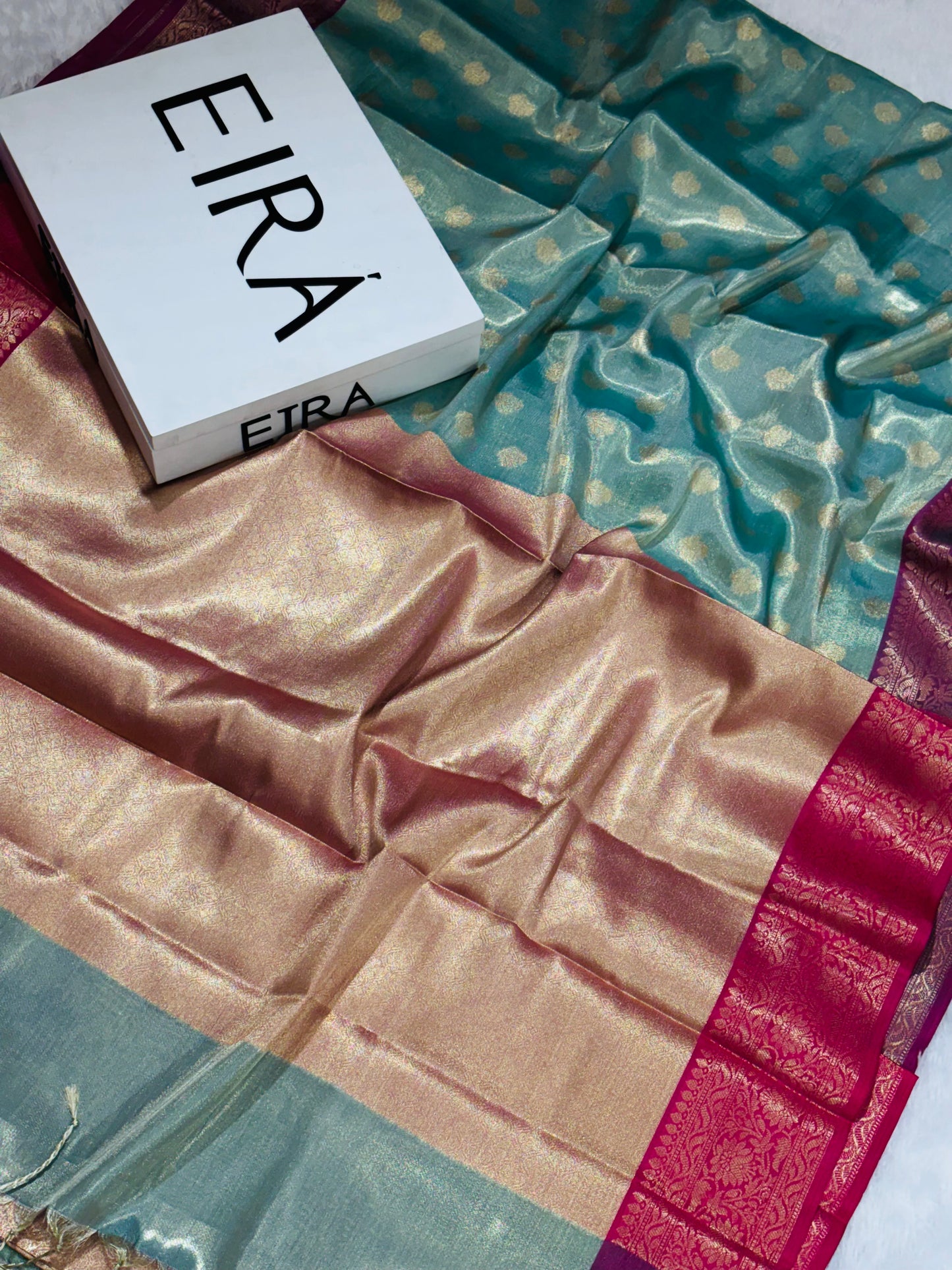 Antique Blue Moon Soft Tissue Banarasi Silk Saree with Red Aanchal & Zari Border