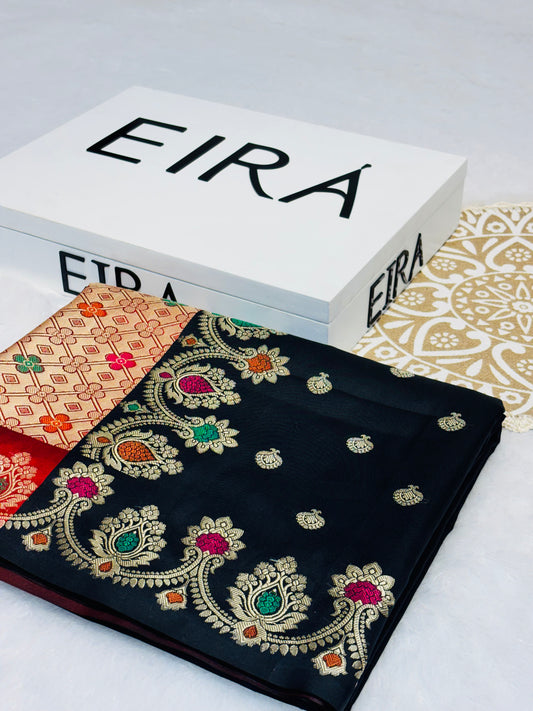 Banarasi Soft Silk Black Saree with Mehroon Aanchal & Meena Zari Work