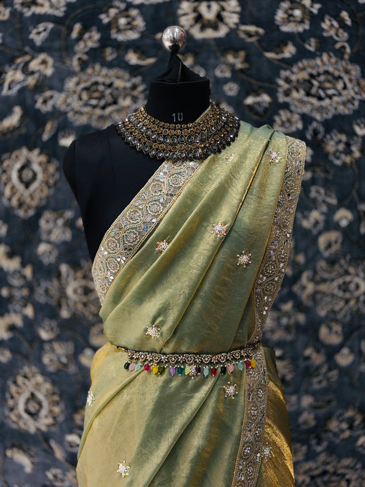 Zarmina – Golden Olive Soft Tissue Saree