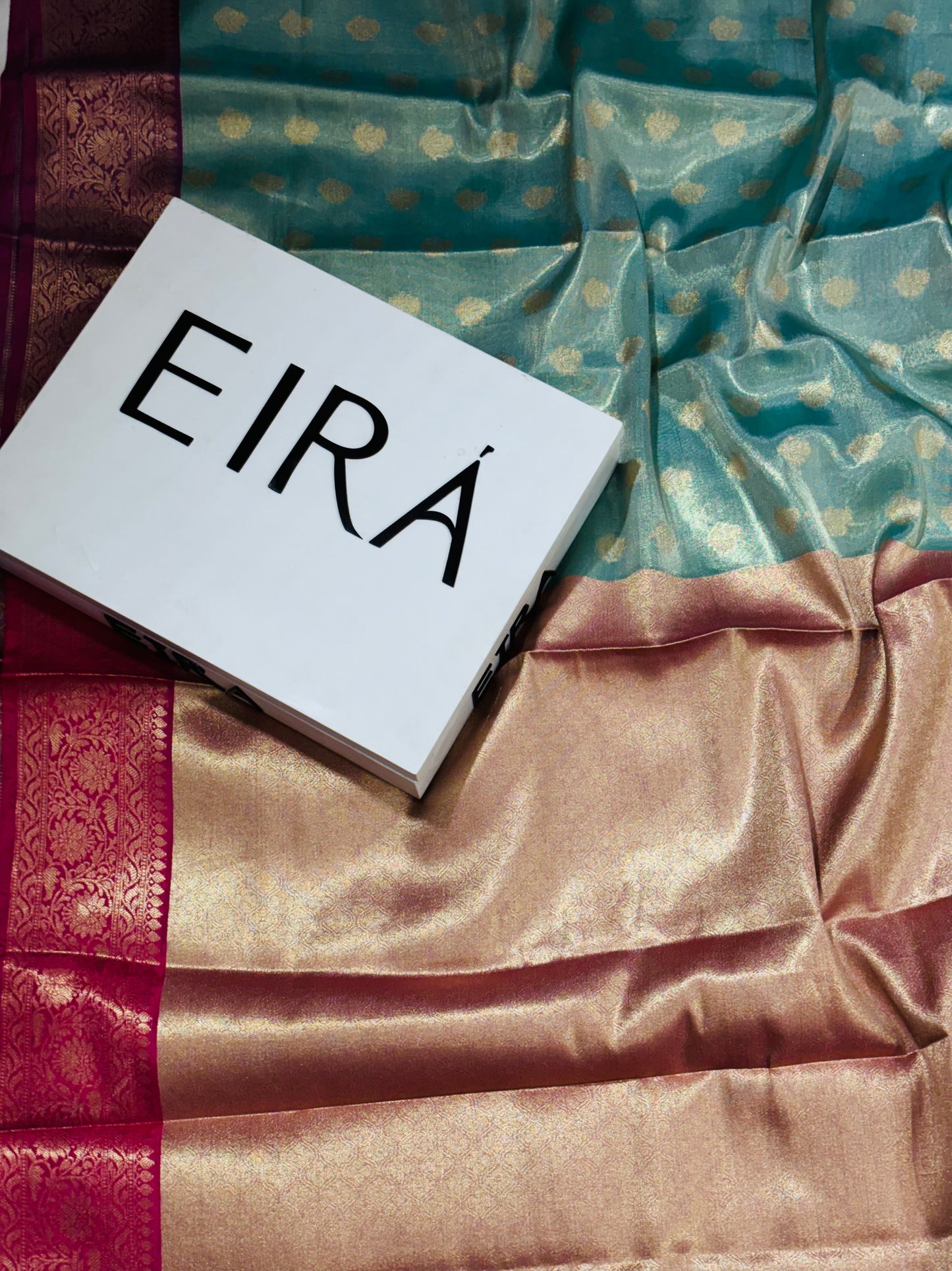 Antique Blue Moon Soft Tissue Banarasi Silk Saree with Red Aanchal & Zari Border