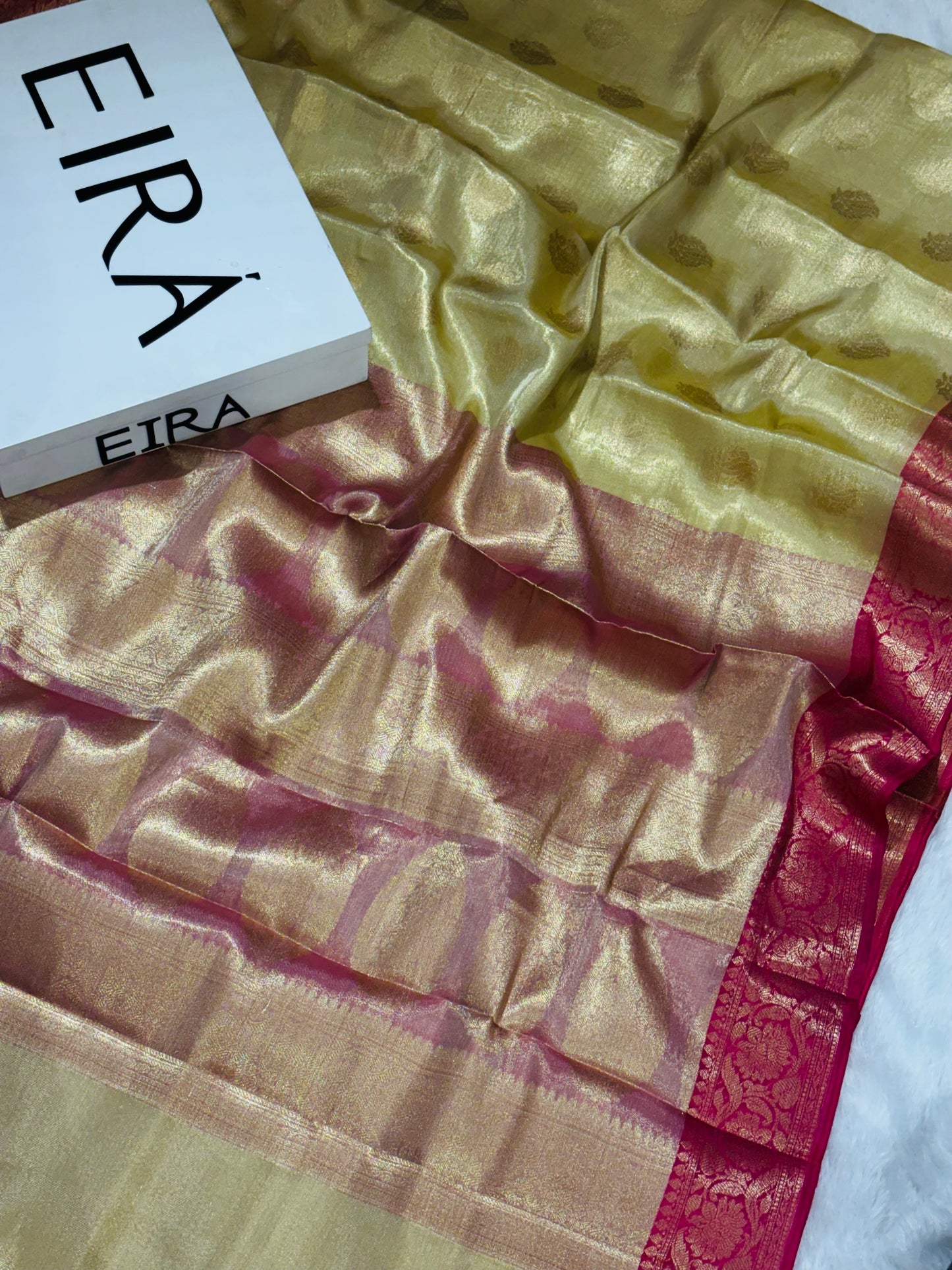 Antique Green Soft Tissue Banarasi Silk Saree with Red Aanchal & Zari Border
