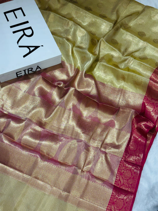 Antique Green Soft Tissue Banarasi Silk Saree with Red Aanchal & Zari Border