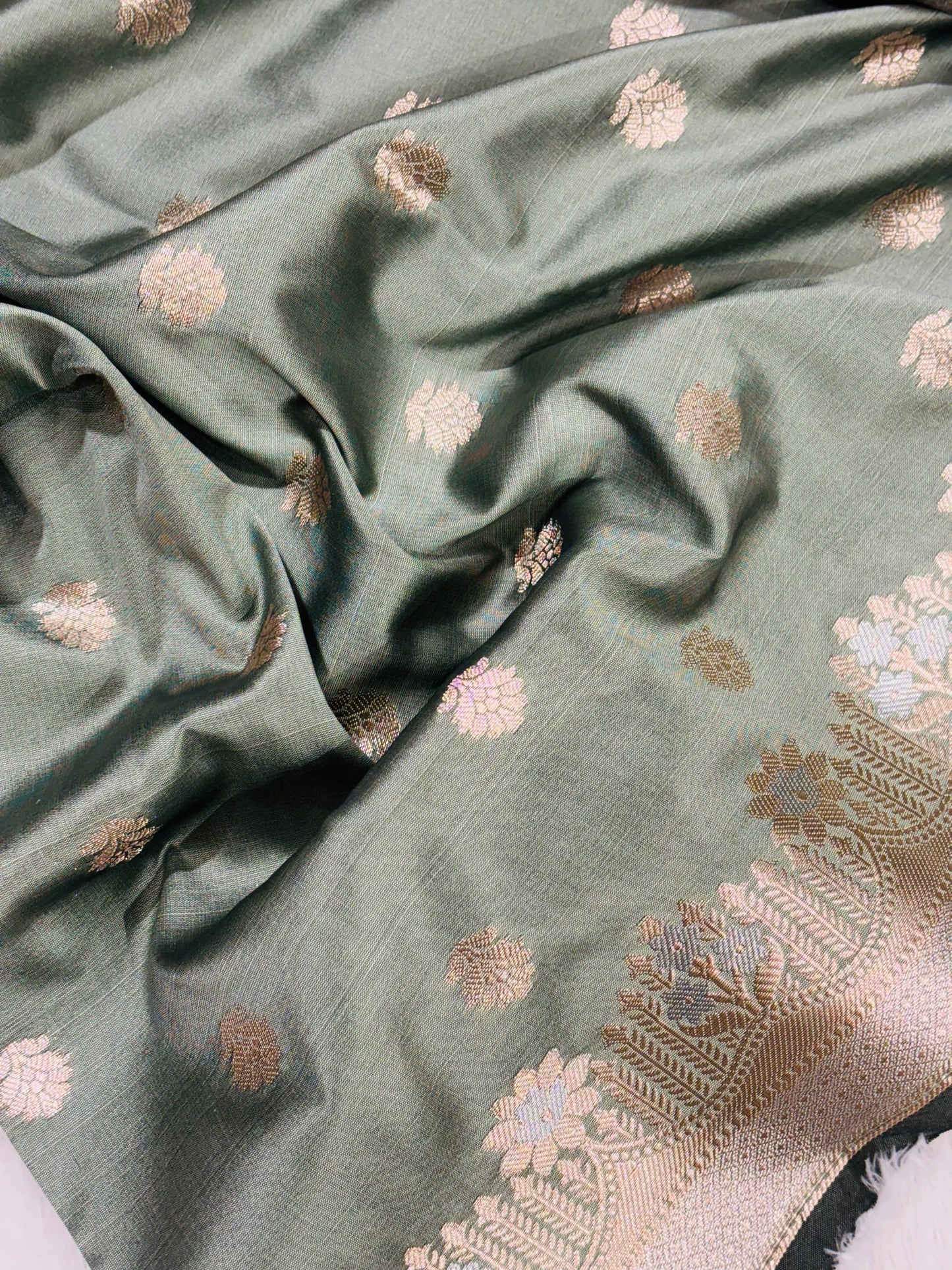 Gulmohar Sage Green Banarasi Silk Saree with Zari Buti & Floral Paisley Border