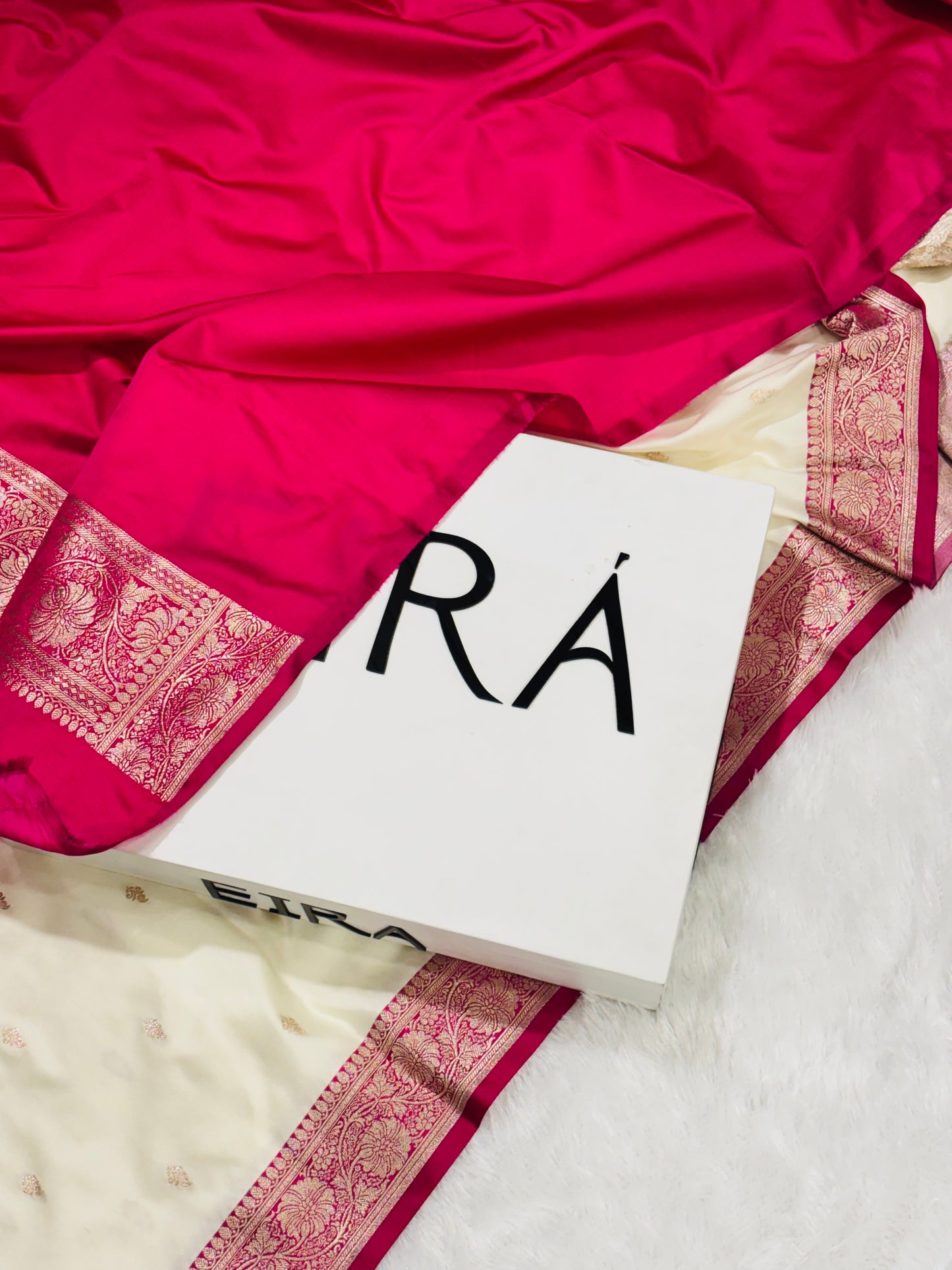 Sitara Off-White & Rani Pink Banarasi Mushroom Silk Saree | Contrast Border