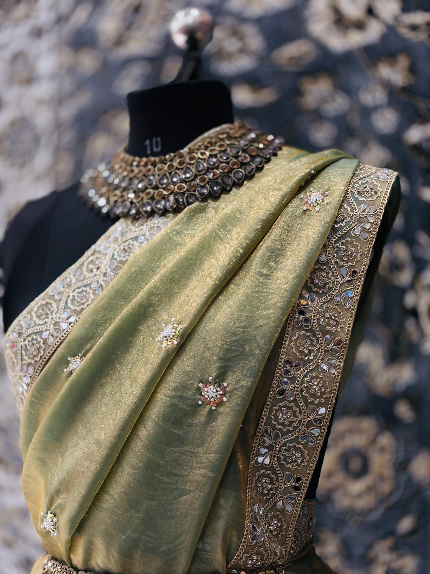 Zarmina – Golden Olive Soft Tissue Saree