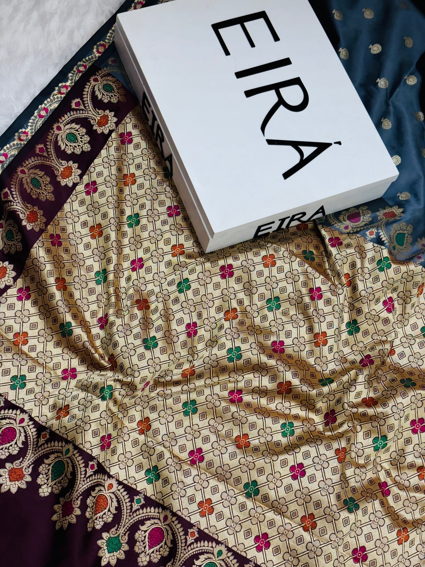 Banarasi Soft Silk Grey Saree with Mehroon Aanchal & Meena Zari Work