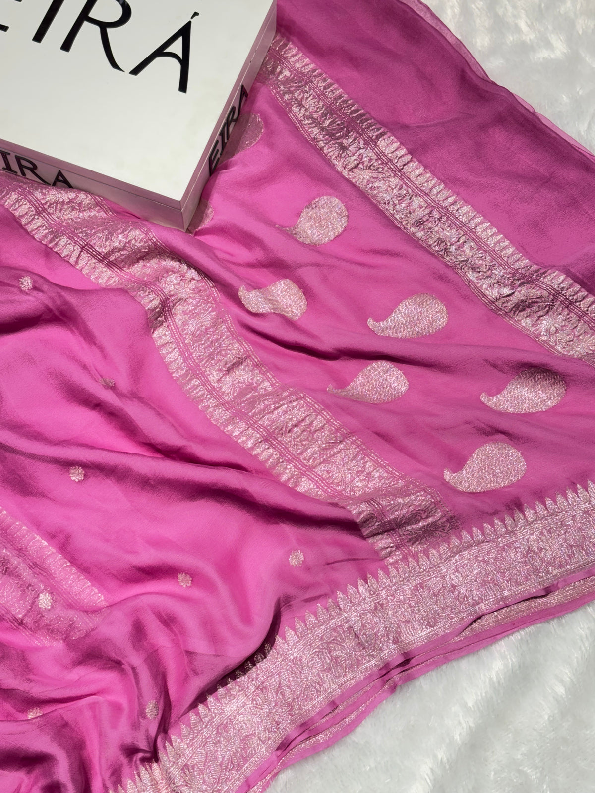 Gulab Noor Pink Pure Khadi Chiffon Saree | Elegant Zari Border & Butti Work