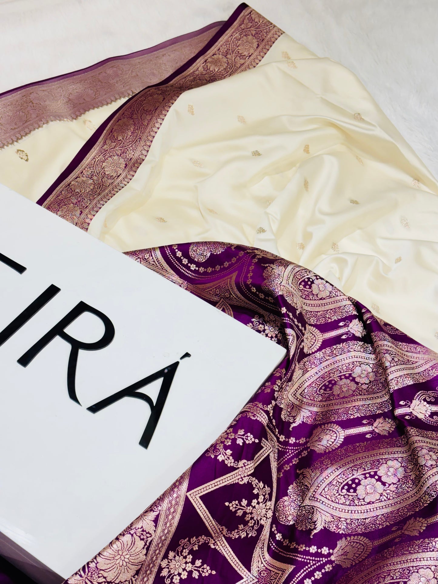 Sitara Off-White & Purple ￼ Banarasi Mushroom Silk Saree | Contrast Border ER -12