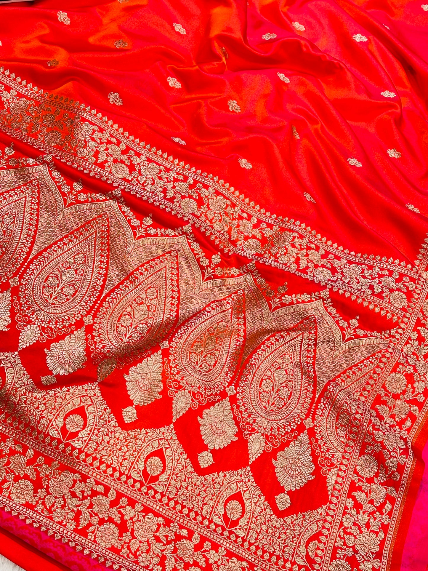 Rust Orange Banarasi Mushroom Silk Saree | Floral Zari & Paisley Border