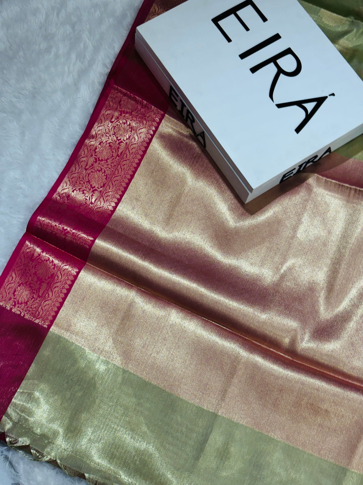 Antique Green Soft Tissue Banarasi Silk Saree with Red Aanchal & Zari Border