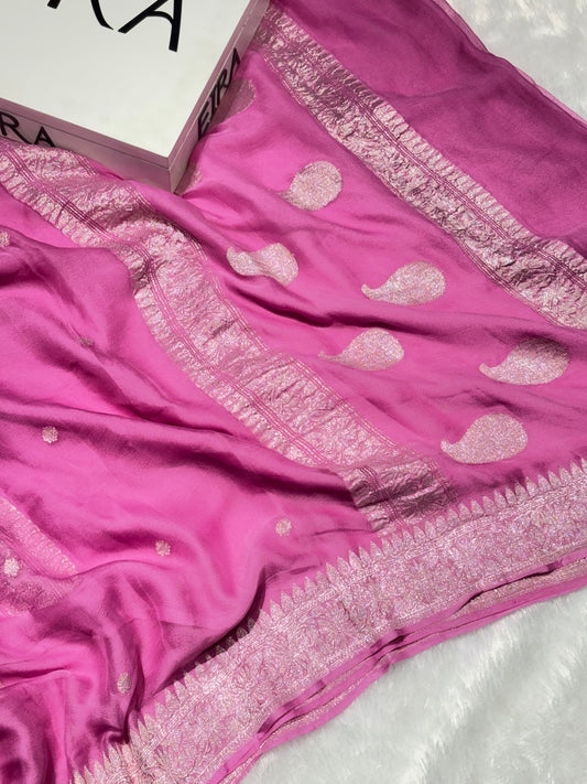 Gulab Noor Pink Pure Khadi Chiffon Saree | Elegant Zari Border & Butti Work