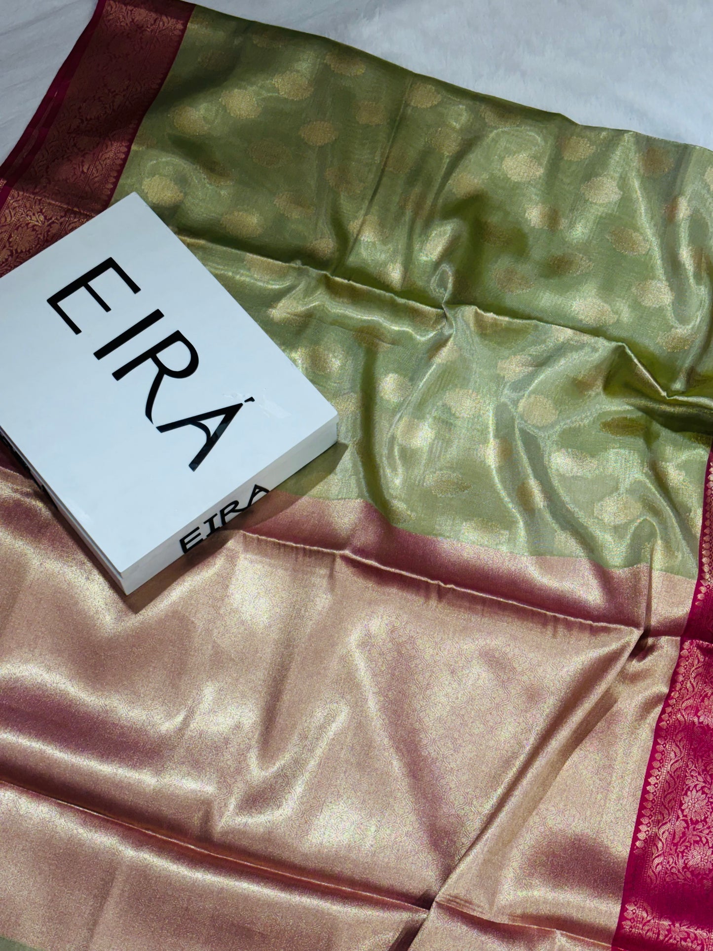 Antique Green Soft Tissue Banarasi Silk Saree with Red Aanchal & Zari Border