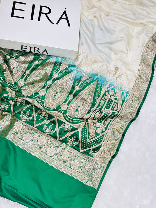 Sitara Off-White & Bottle Green Banarasi Mushroom Silk Saree | Contrast Border