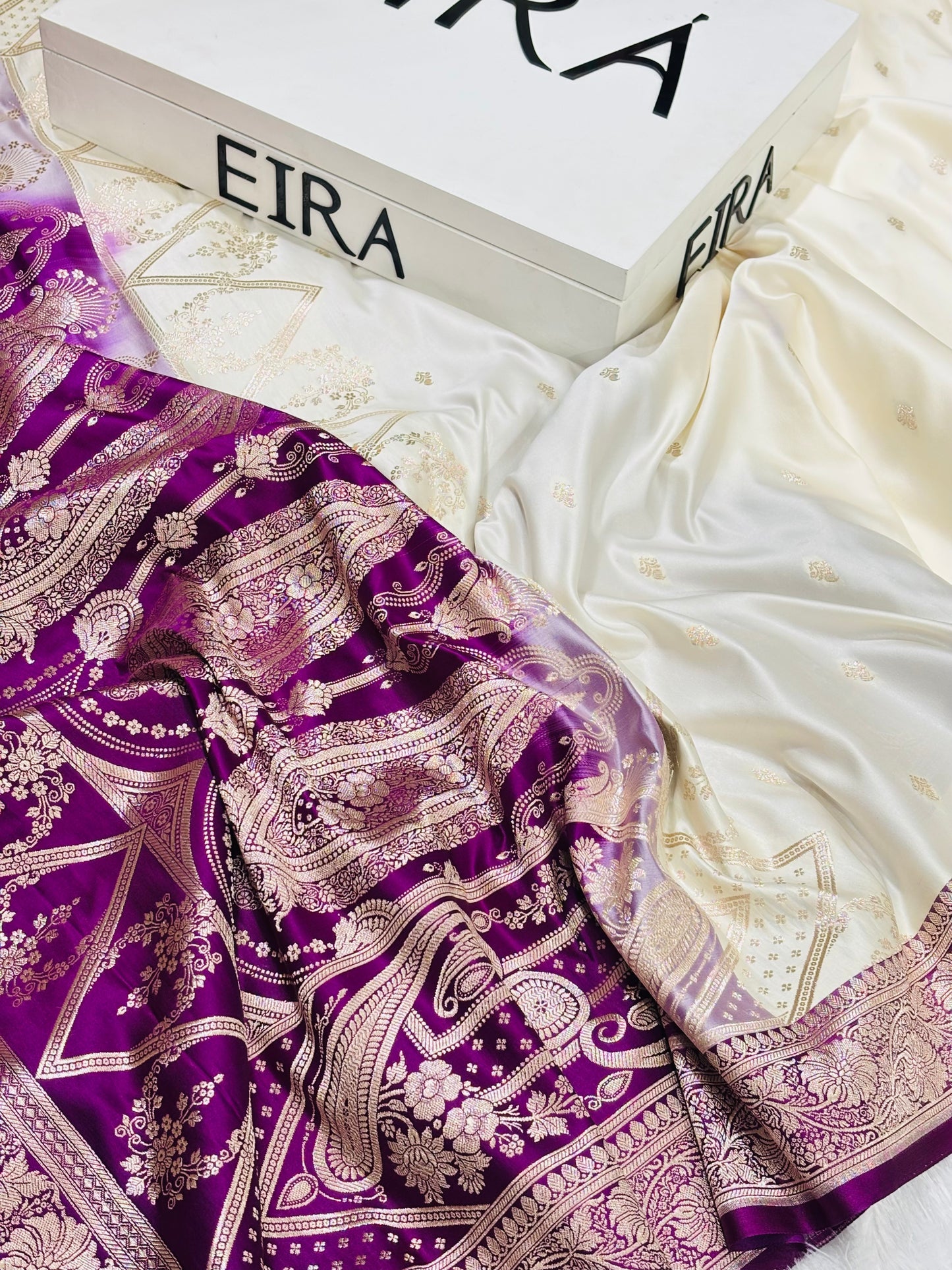 Sitara Off-White & Purple ￼ Banarasi Mushroom Silk Saree | Contrast Border ER -12