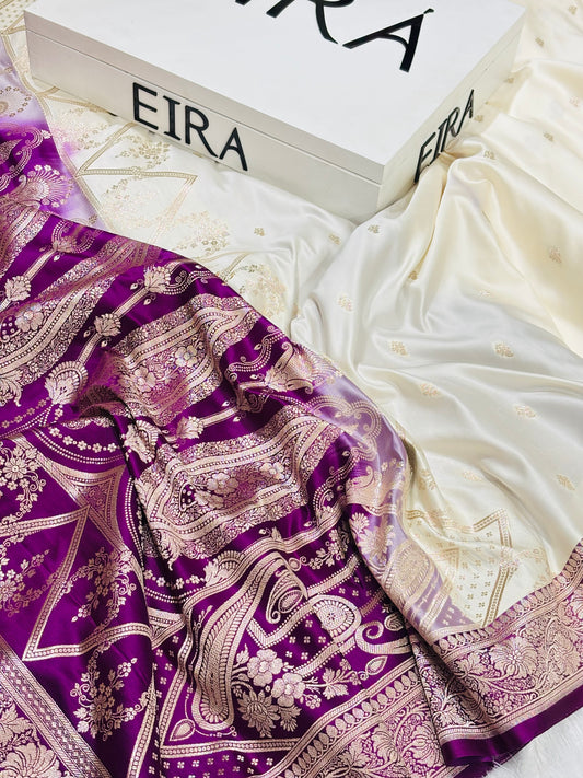 Sitara Off-White & Purple ￼ Banarasi Mushroom Silk Saree | Contrast Border ER -12