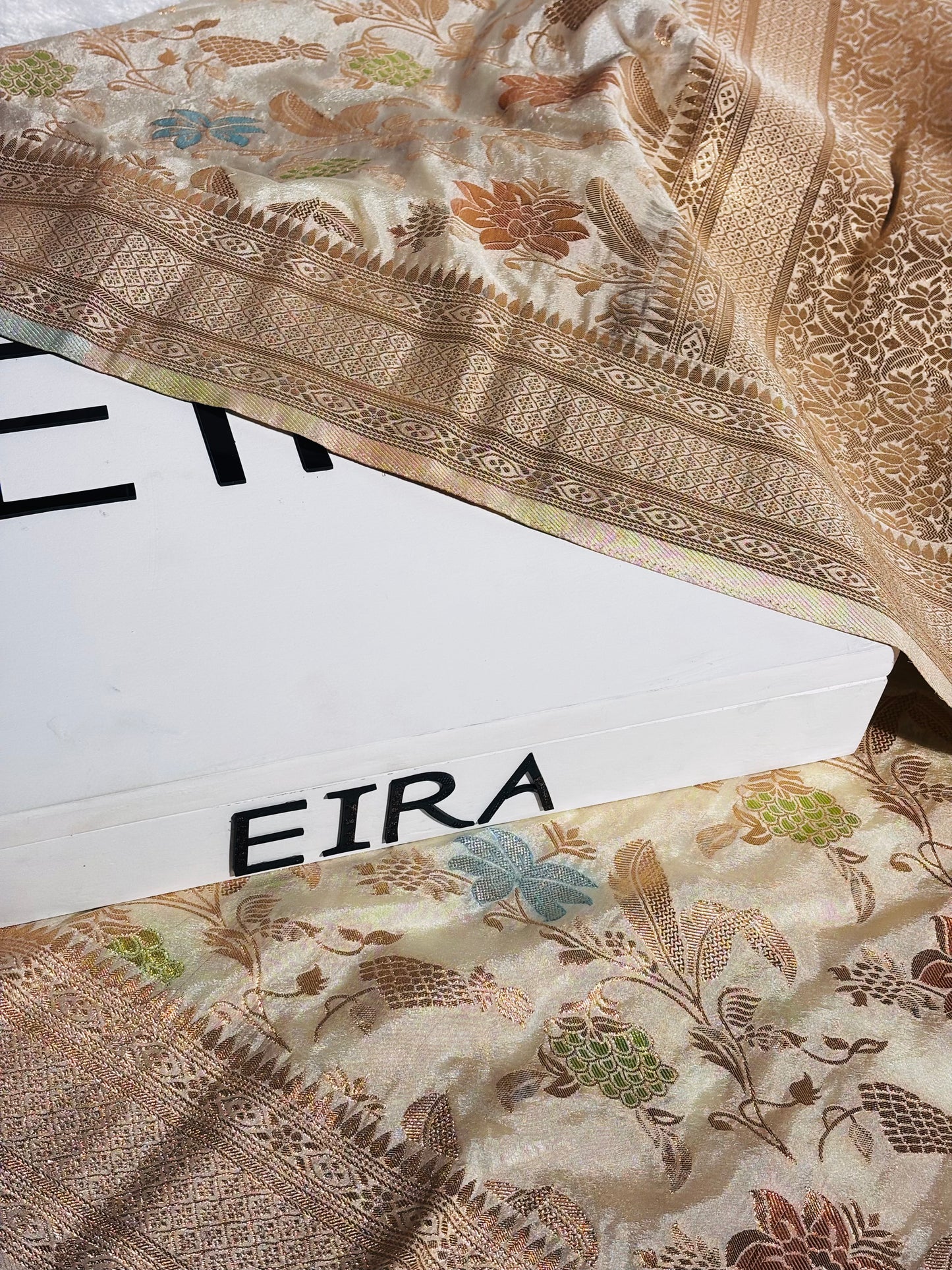 Ivory Blossom Semi Banarasi Chiffon Saree