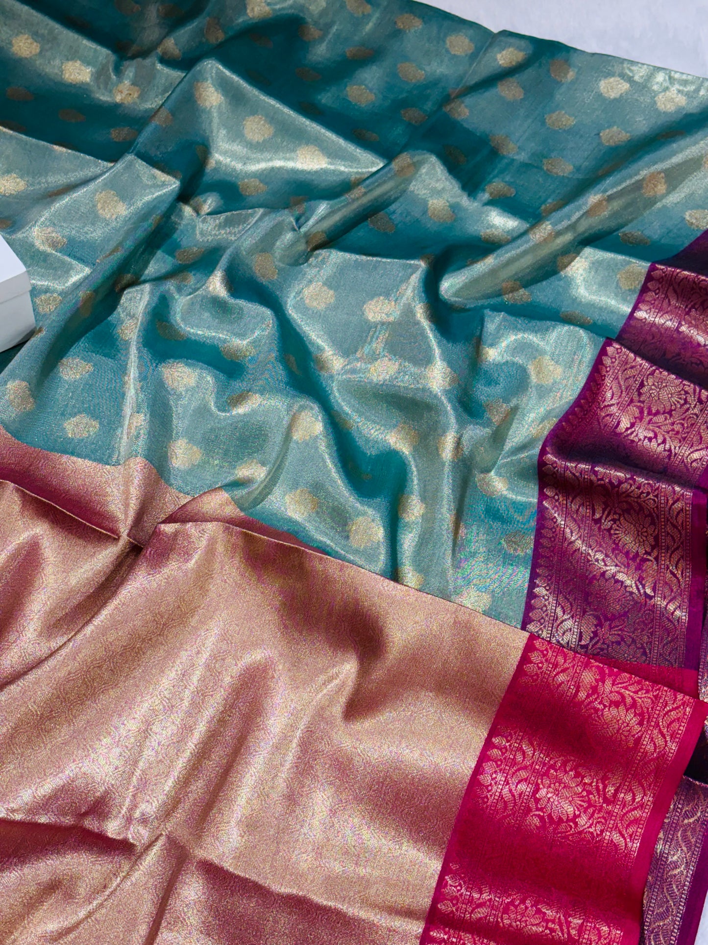Antique Blue Moon Soft Tissue Banarasi Silk Saree with Red Aanchal & Zari Border