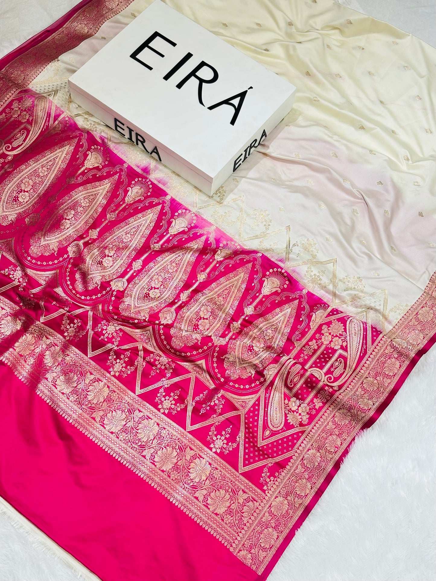 Sitara Off-White & Rani Pink Banarasi Mushroom Silk Saree | Contrast Border