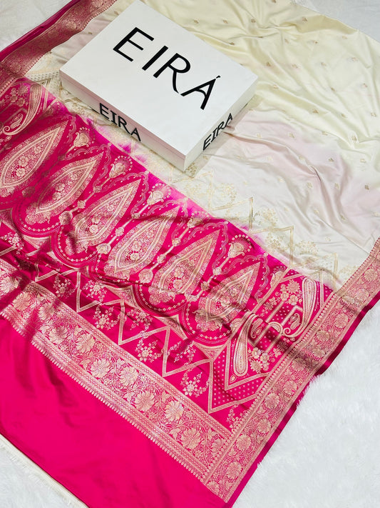 Sitara Off-White & Rani Pink Banarasi Mushroom Silk Saree | Contrast Border