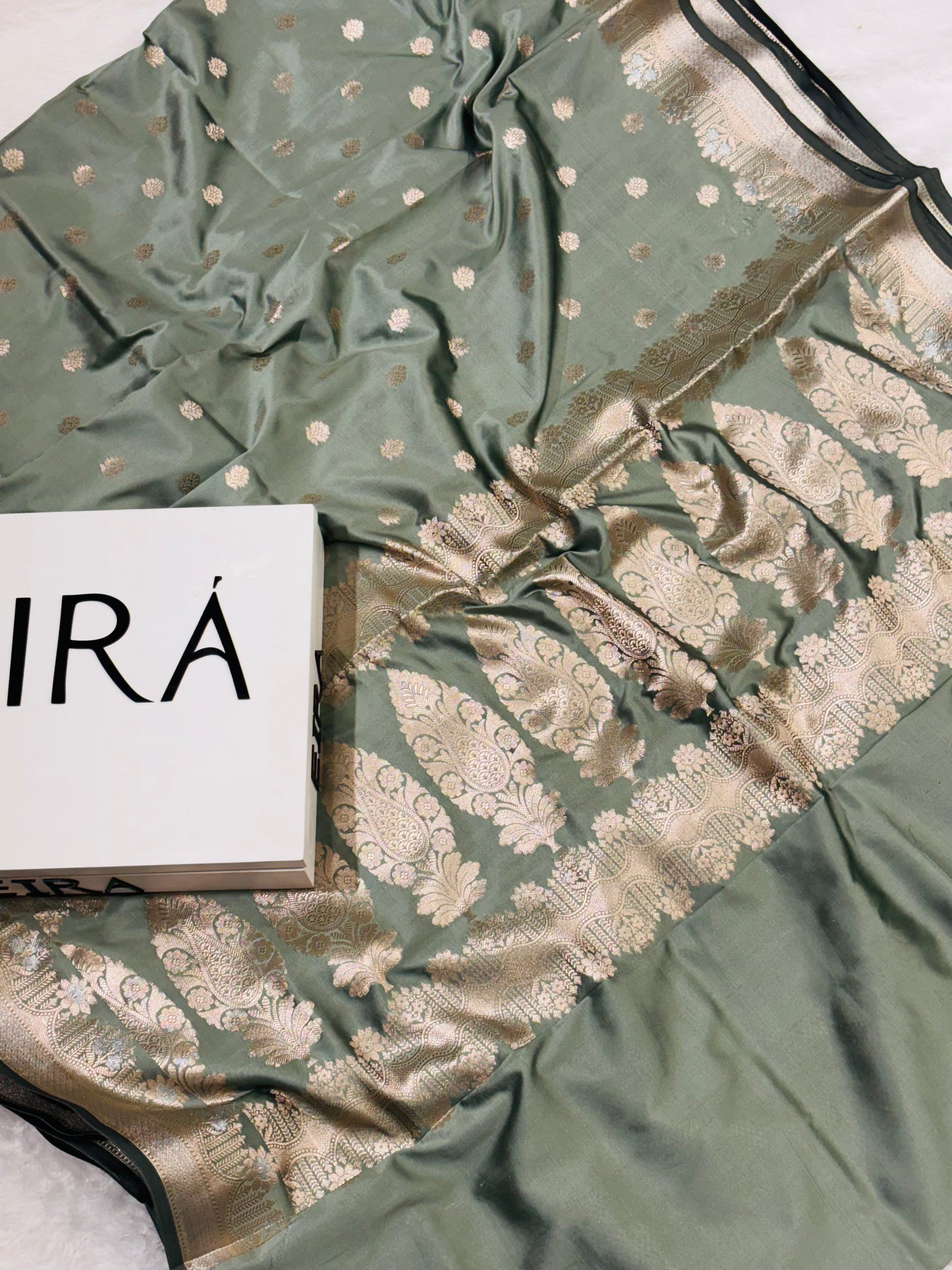 Gulmohar Sage Green Banarasi Silk Saree with Zari Buti & Floral Paisley Border