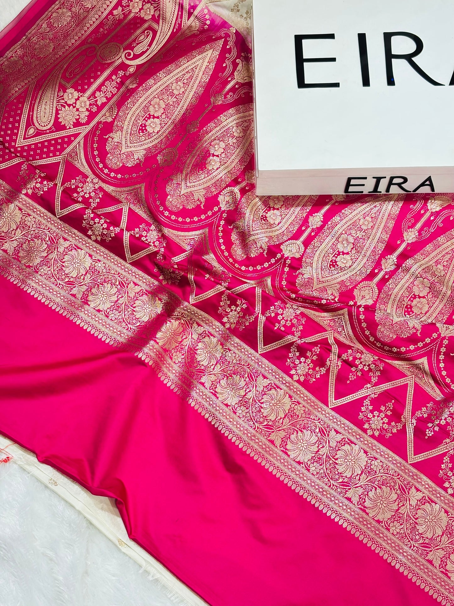Sitara Off-White & Rani Pink Banarasi Mushroom Silk Saree | Contrast Border