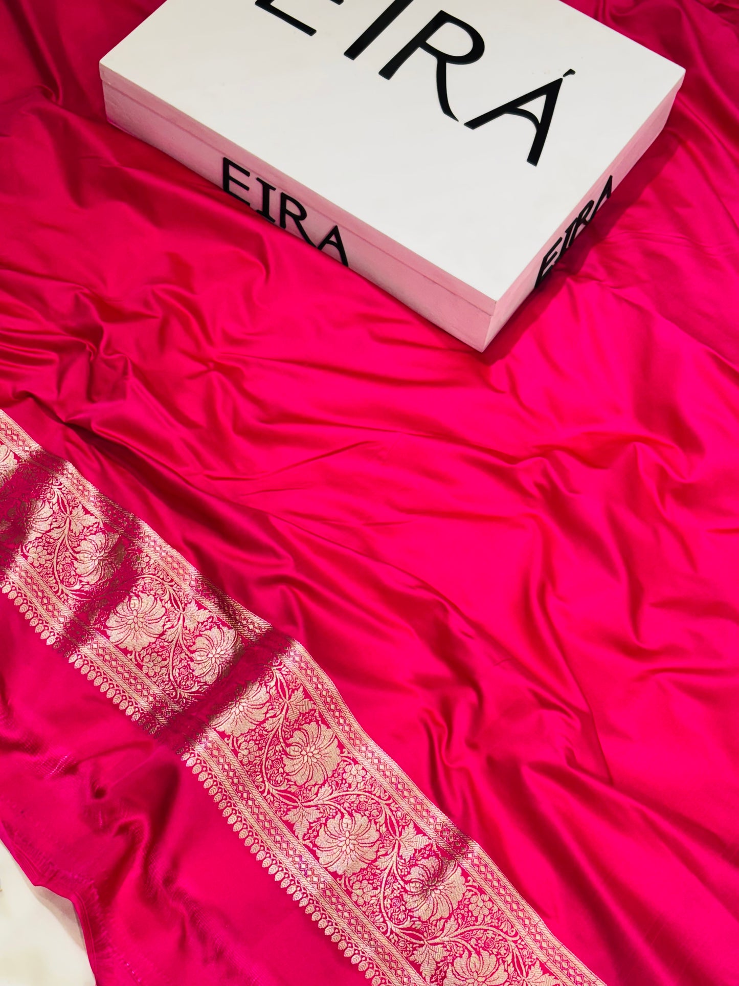 Sitara Off-White & Rani Pink Banarasi Mushroom Silk Saree | Contrast Border