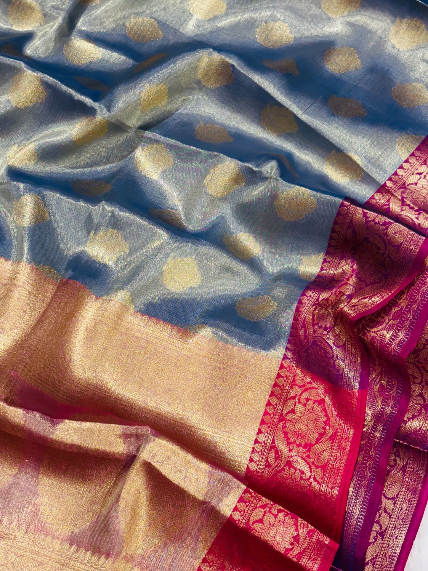 Royal Blue & Antique Gold Soft Tissue Banarasi Silk Saree with Zari Border