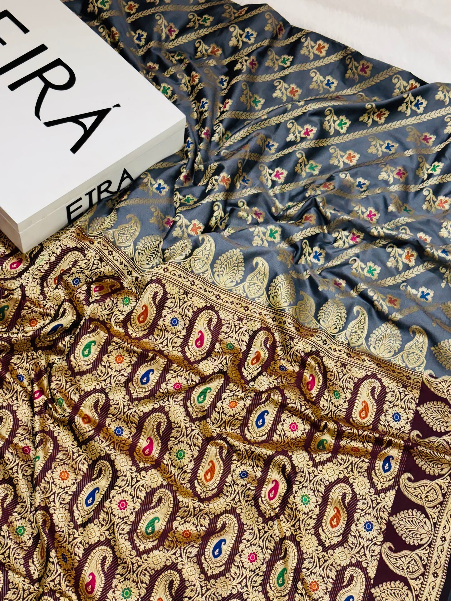 Meher Grey & Maroon Banarasi Softy Silk Saree | Contrast Aanchal & Floral Paisley Weaving