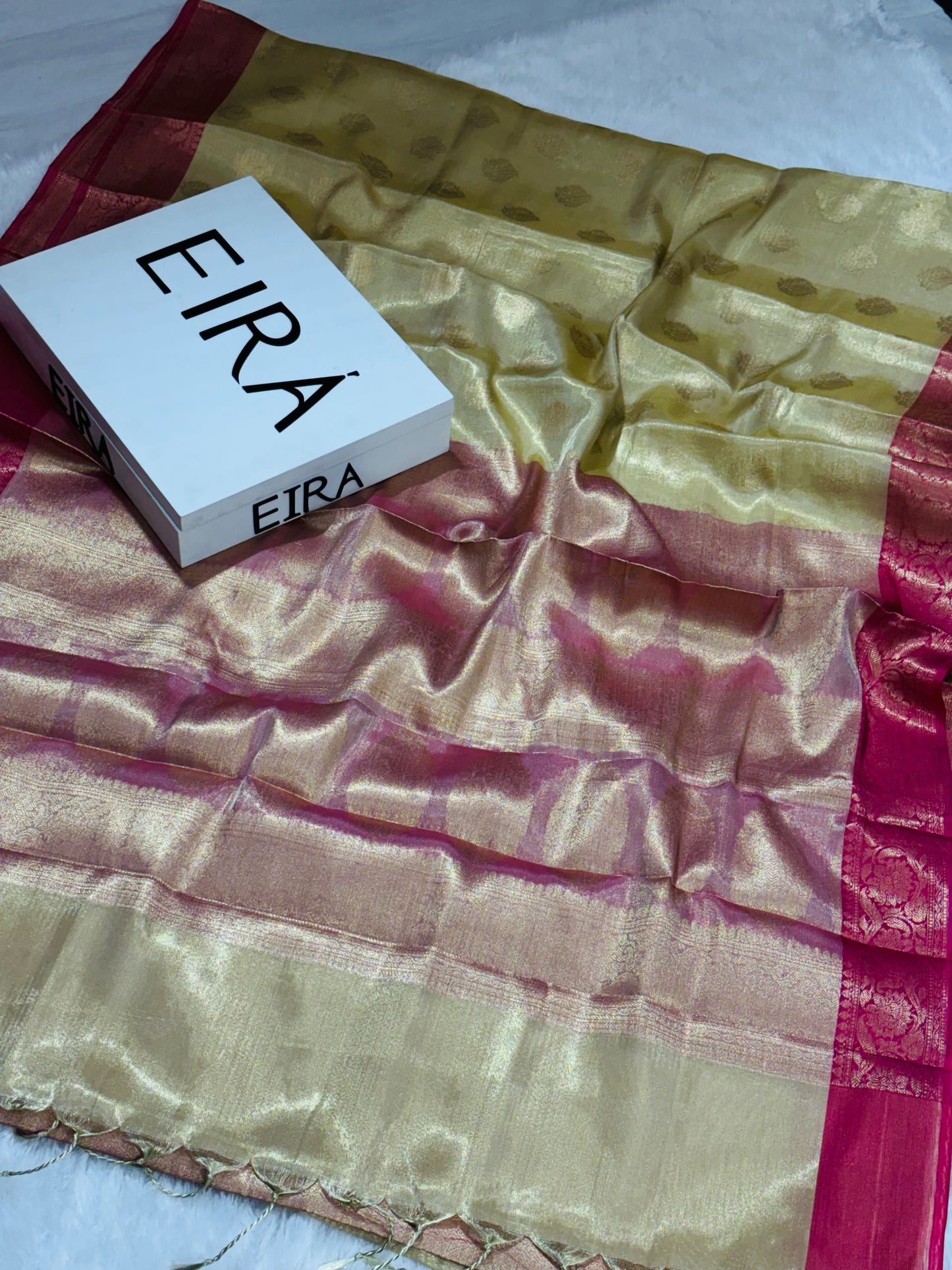 Antique Green Soft Tissue Banarasi Silk Saree with Red Aanchal & Zari Border