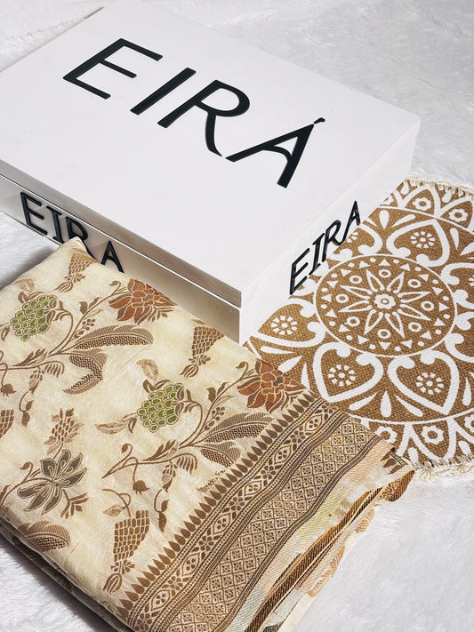 Ivory Blossom Semi Banarasi Chiffon Saree