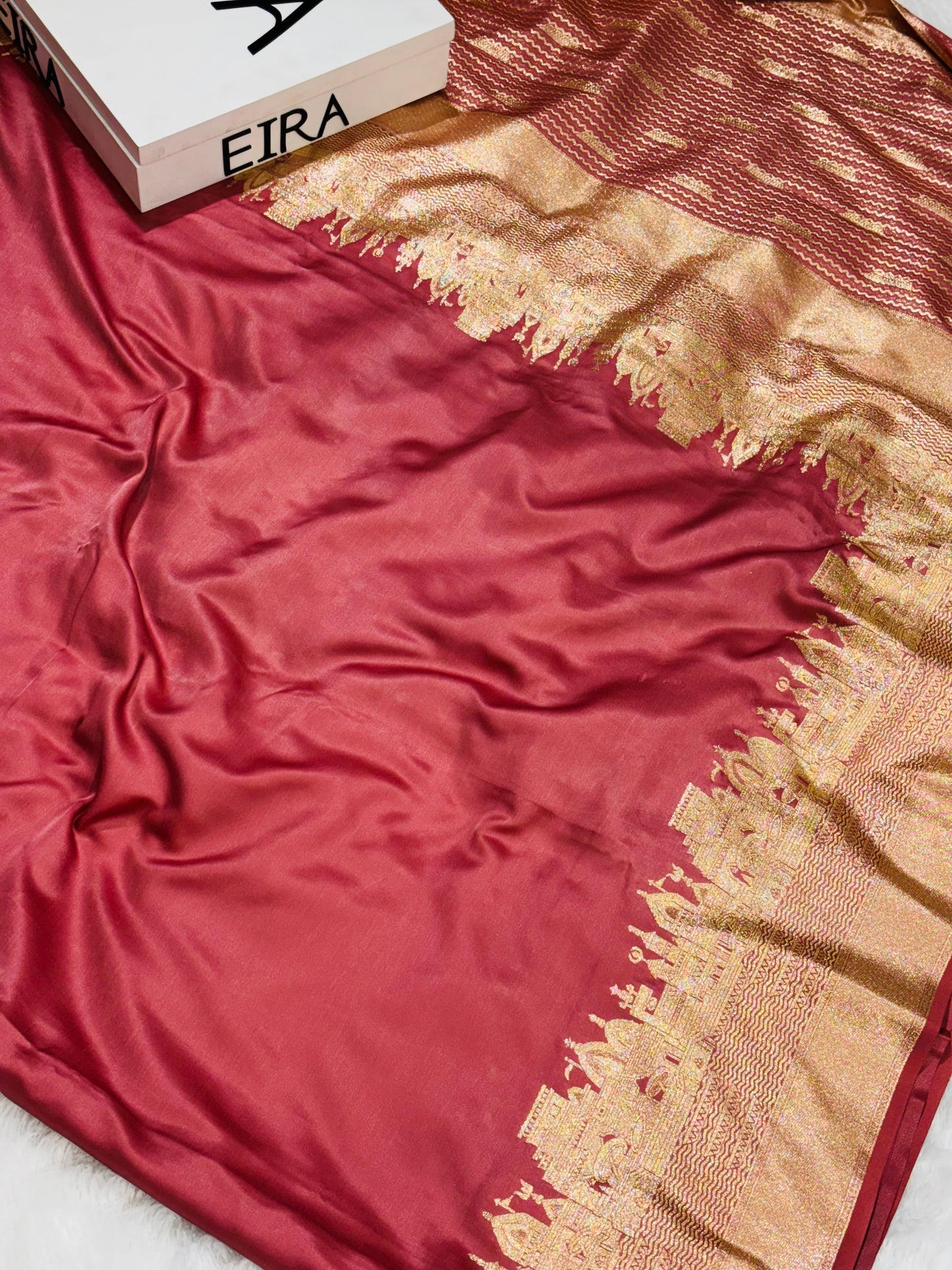 Gulbahar Rosewood Banarasi Ghatt Silk Saree with Rich Zari Border & Pallu