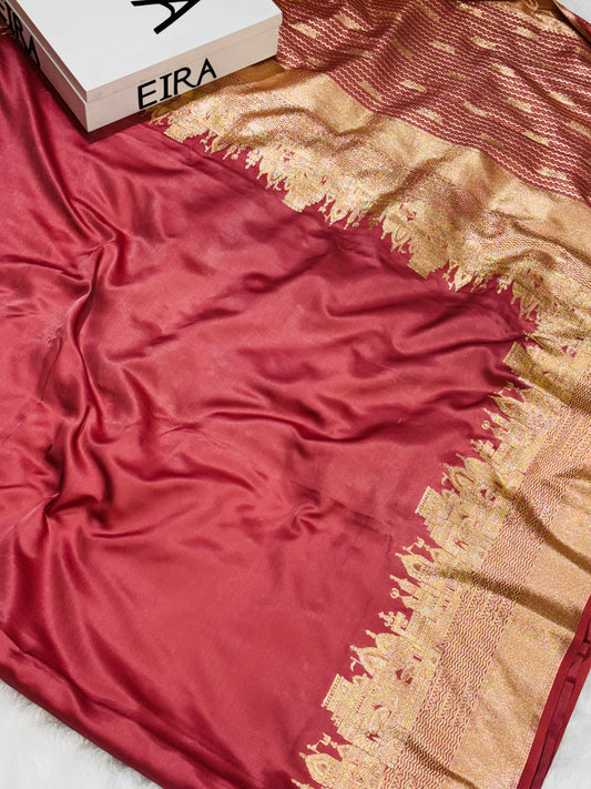 Gulbahar Rosewood Banarasi Ghatt Silk Saree with Rich Zari Border & Pallu