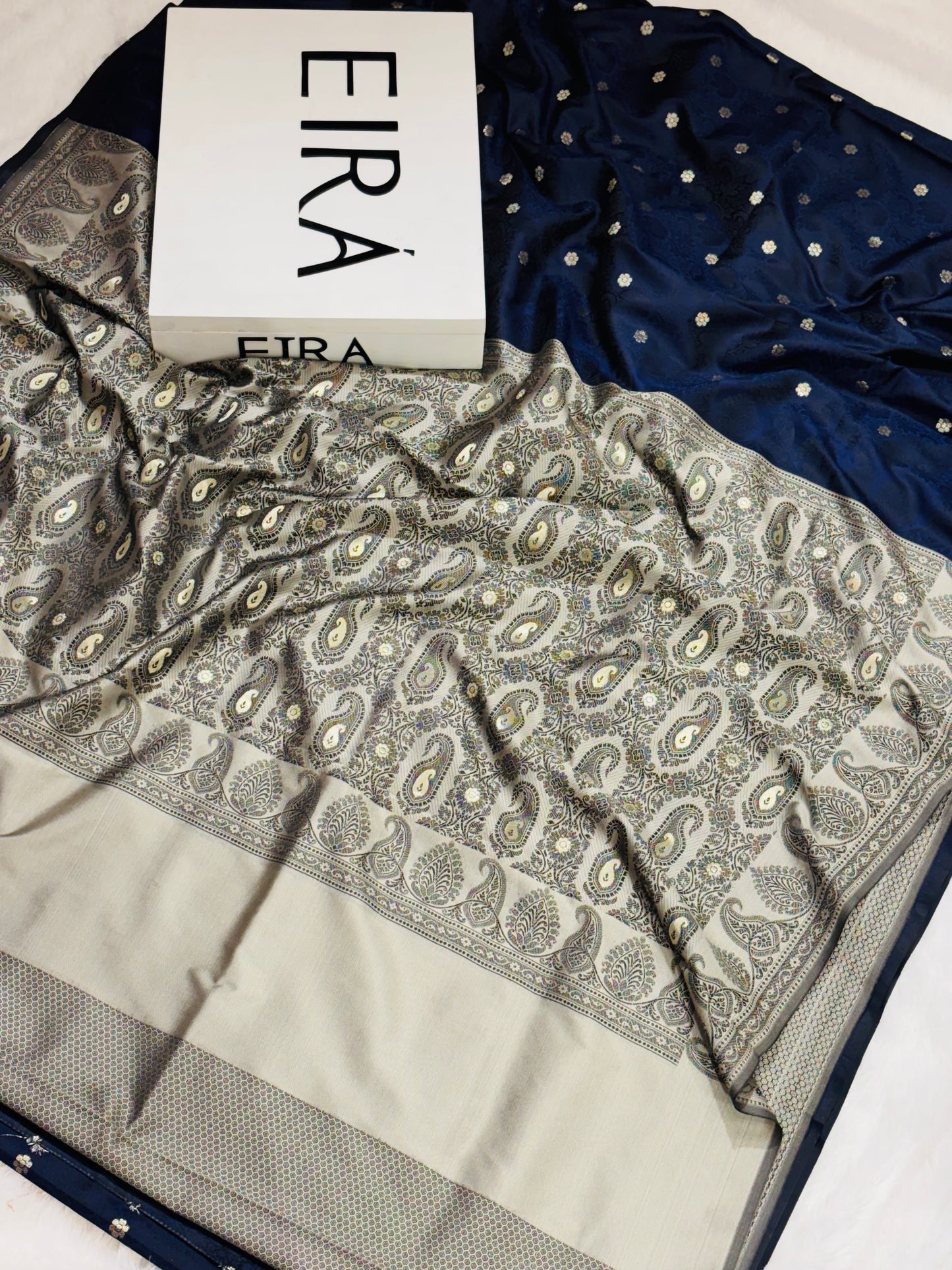 Navy Blue Banarasi Softy Silk Saree | Contrast Aanchal & Zari Meena Work