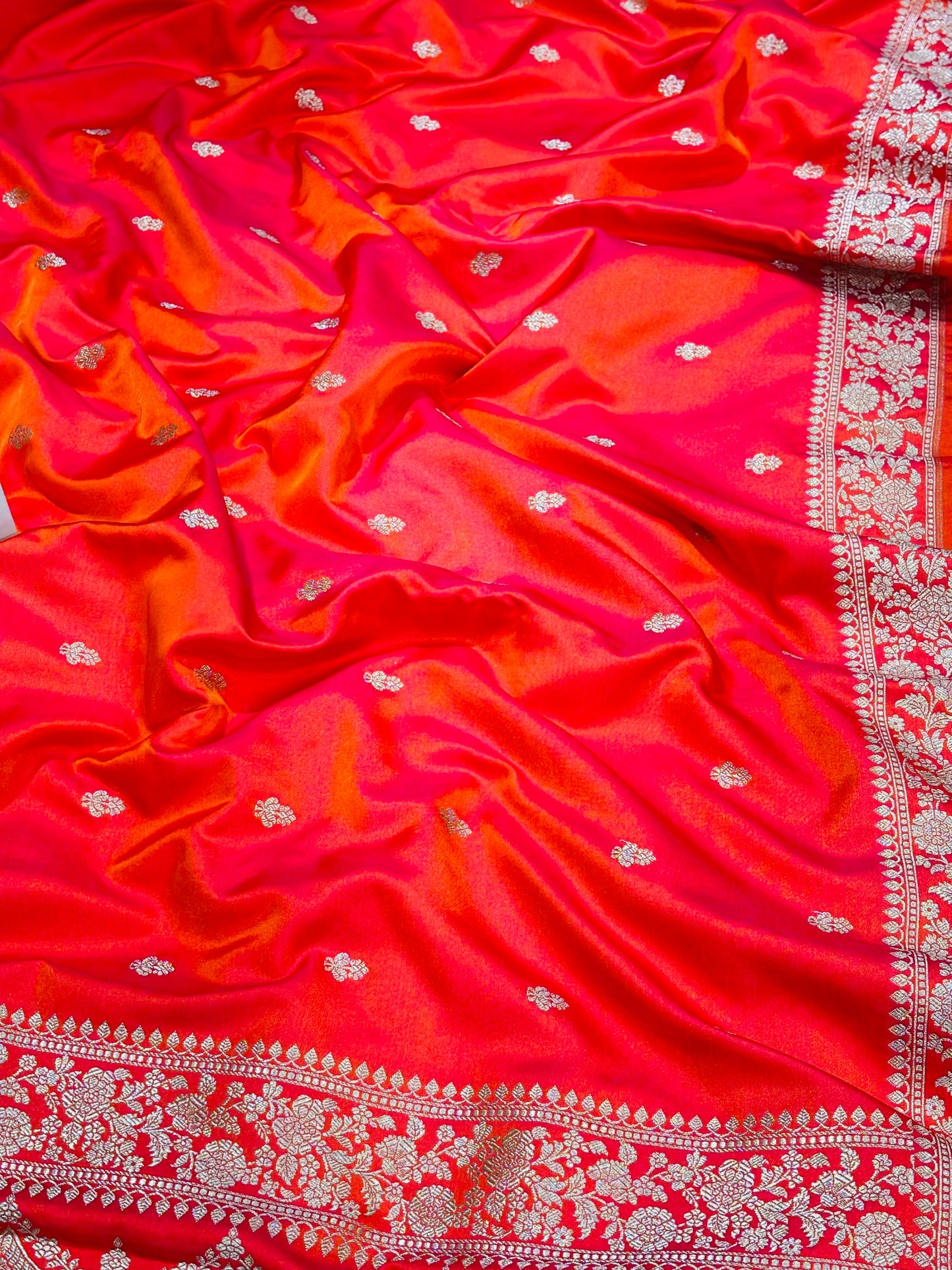 Rust Orange Banarasi Mushroom Silk Saree | Floral Zari & Paisley Border