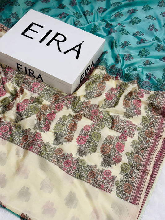 Rama Green Banarasi Soft Silk Saree | Beige Contrast Aanchal & Resham Work