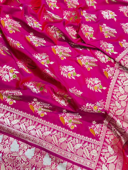 Gulabi Pink Pure Katan Silk Banarasi Saree | Meena Work & Floral Zari Border